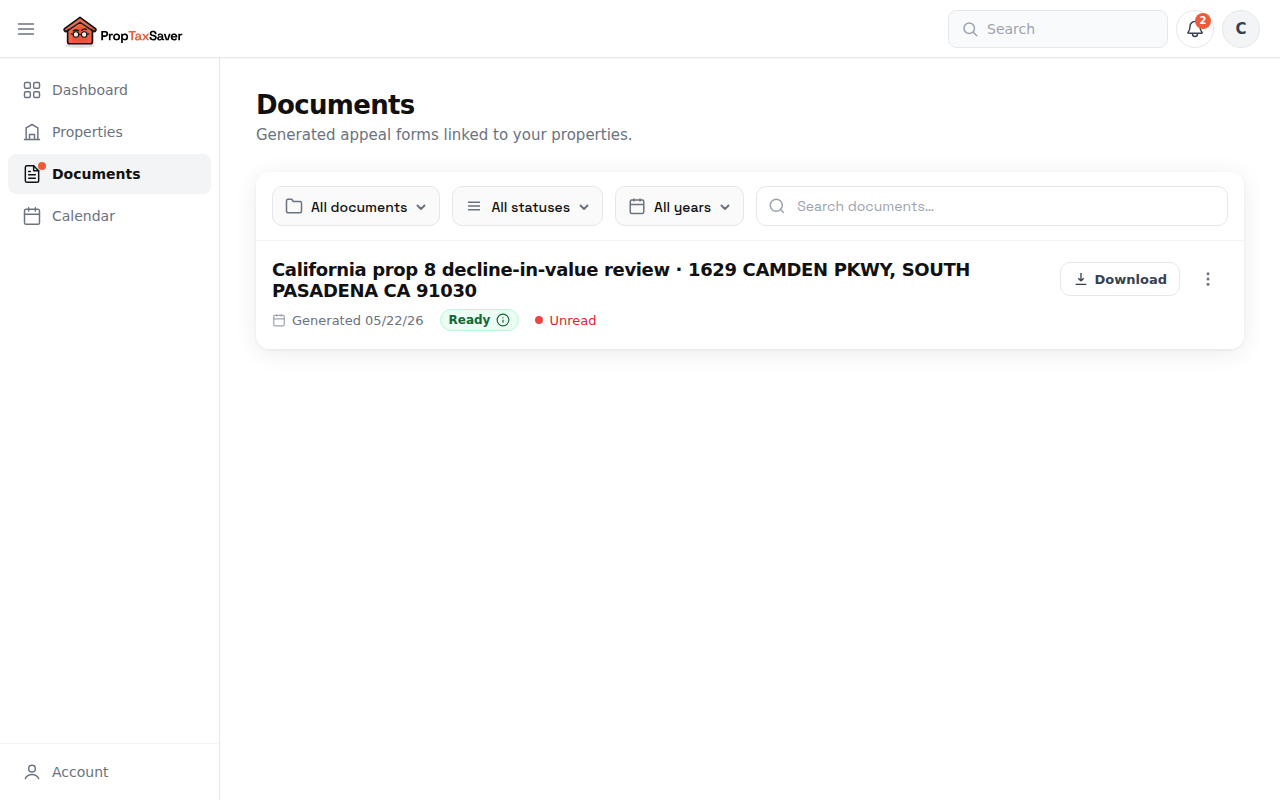 Dashboard documents page showing a ready California Prop 8 decline-in-value review filing packet